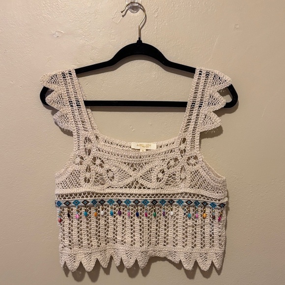 Rebellion Again Tops - Elegant Beige Crochet Tank with Colorful Beads